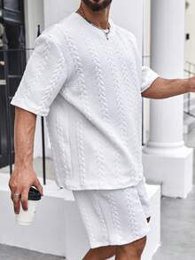 EGENSIO Plus Size Men's Textured Short Sleeve T-Shirt And Shorts Casual Set - White - View 7