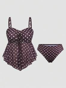 Sweetra 2026 New Summer Beach Vacation Elegant Cute Sweet Polka Dot Print Plus Size Women's Tankini Set - Coffee Brown - View 1