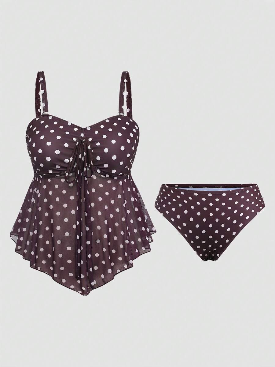 Sweetra 2026 New Summer Beach Vacation Elegant Cute Sweet Polka Dot Print Plus Size Women's Tankini Set - Coffee Brown - View 1