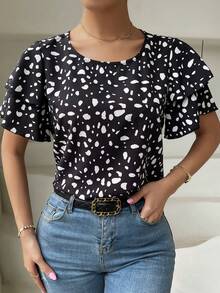 SHEIN Holidaya 女款圓領全身印花休閒百搭日常旅行襯衫 - 黑色 - 查看 5