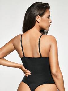 SHAPORA Bodysuit Wanita Warna Polos dengan Hiasan Renda dan Potongan V Dalam - Hitam - View 3