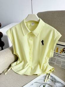 SHEIN Tween Girl Casual Everyday Versatile Comfortable Turn Collar Side Gathered Shirt - Yellow - View 1