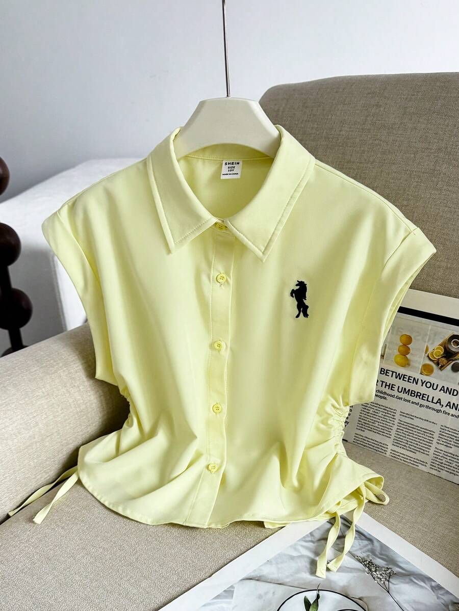 SHEIN Tween Girl Casual Everyday Versatile Comfortable Turn Collar Side Gathered Shirt - Yellow - View 1