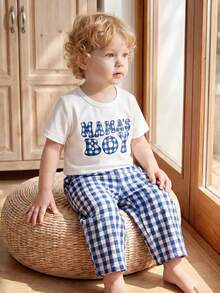 SHEIN Vintaside Kids طقم من قطعتين لملابس الأطفال الأولاد، ملابس علوية قصير الأكمام كاجوال لطيف وبنطال كاروهات، مناسب للصيف والسفر - الأزرق - مشاهدة 6
