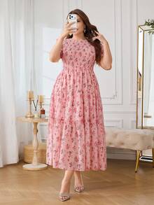 Modelyn Vestido largo de línea A con mangas abullonadas de gasa con estampado floral, talla grande, ajuste regular, primavera/verano - Rosa Pálido - Ver 5
