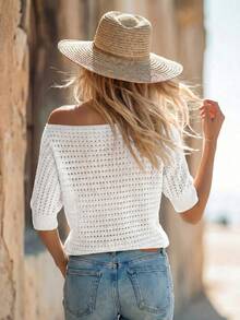SHEIN Holidaya 夏季純色不對稱下擺鏤空針織上衣 - 白色 - 查看 2