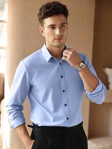 Core Aspect Men's Subtle Pattern Long Sleeve Single-Breasted Commuter Shirt, Formal - Baby Blue - View 5
