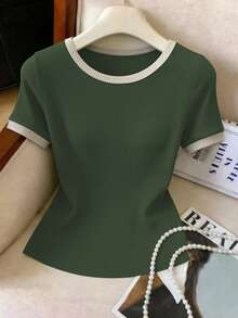 Elenzga Kaos Kasual Wanita Lengan Pendek Leher Bulat Potongan Slim Fit - Dark Green - View 3