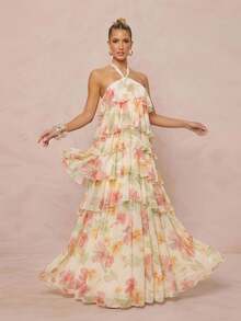 Lumalex Summer Floral Print Strapless Spaghetti Strap Multi-Layer Irregular Exaggerated Ruffle Hem Beach-To-Gala Versatility: Quiet Luxury Meets Party Flair - Multicolor - View 2