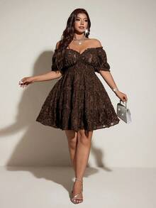 Viva Relle Vestido sexy de fiesta y cita para mujer talla grande con hombros descubiertos, encaje y volantes - Café integral - Ver 3