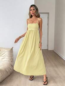 Easowa Vestido maxi de tirantes para mujer con bajo curvo, plisado, elegante, estilo boho casual para vacaciones de verano en la playa, color amarillo pálido - amarillo ganso - Ver 3