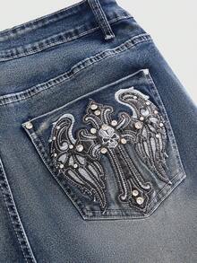 ROMWE Grunge Punk Y2k Hot Girl Retro Cross Wings Embroidered Rhinestone Plus Size Women's Flare Jeans - Blue - View 4