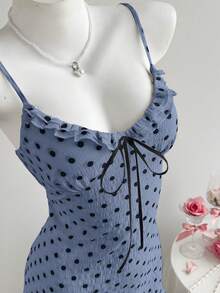 Comfortcana 女士波点印花荷叶边系带吊带连衣裙 - 霧霾藍 - 查看 4