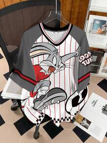 LOONEY TUNES X SHEIN Camiseta de mujer de manga corta con cuello en V, con estampado de rayas y de dibujos animados - Blanco - Ver 3