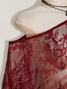 SHEIN ICON Women's Plus Size Lace One Shoulder Asymmetrical Hem Cover-Up Top - Burgundy - View 6
