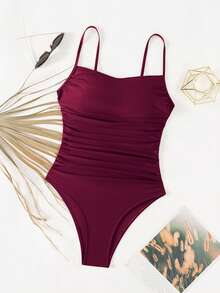 Swim Lushoire Women's Solid Color Ruched Spaghetti Strap One-Piece Swimsuit, Suitable For Beach Vacation, Pool Party, Beach Party - Red Violet - View 4