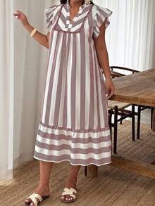 Weeklong Women's Plus Size Spring/Summer Casual Boho Vacation Loose Striped Ruffle Sleeve Ruffle Hem Dress, Suitable For Daily Beach White - Multicolor - View 3