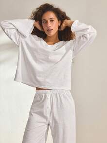 Ocili 2 pièces Ensemble décontracté de haut à manches longues en coton doux et confortable et short, short avec faux devant et boutons coquillages, ensemble de pyjama minimaliste pour femmes - Blanc - Voir 7