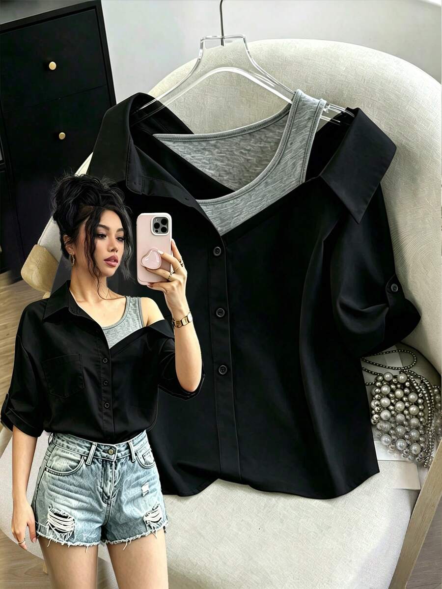 SHEIN Raffinéa 女士常规白衬衫,带假吊带,露肩中袖二合一,优雅休闲通勤时尚派对商务百搭 - 黑色 - 查看 1
