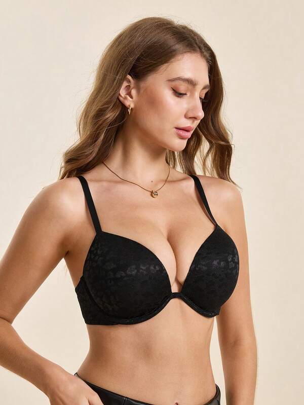 Hourtrue WINGSLOVE Leopard Print Deep V-Neck Padded Wireless Bra, Soft Lining, Adjustable Sexy Straps, Everyday Wear