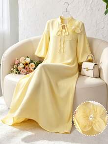Yasmyna Yellow Sweet Lantern Sleeve Tie-Waist Loose Flowy Elegant Holiday Dress For Women - Yellow - View 6