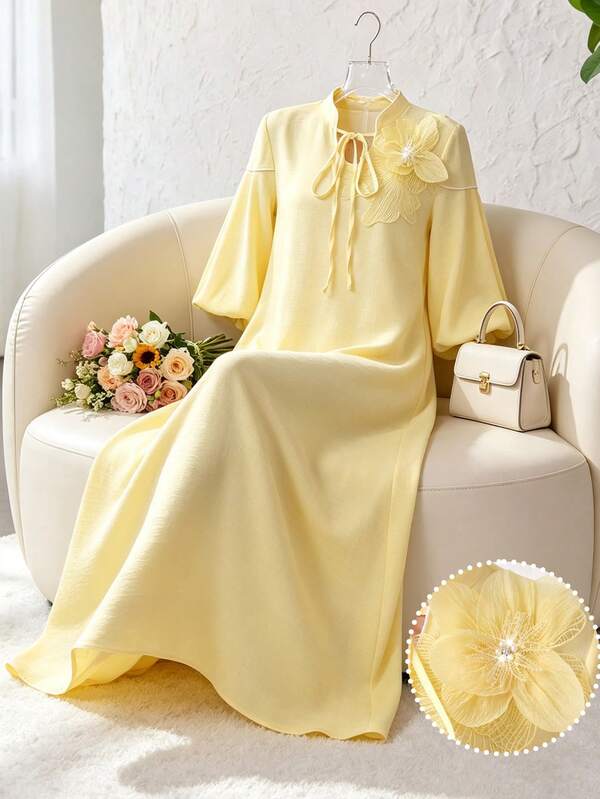 Yasmyna Yellow Sweet Lantern Sleeve Tie-Waist Loose Flowy Elegant Holiday Dress For Women