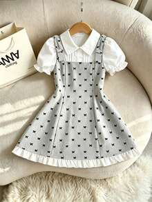 SHEIN Young Girls' 2 In 1 Dress With Bowknot Print, White Puff Short Sleeves, Cinched Waist, A-Line Bowknot Design, Patchwork Detail, Suitable For Parties, Outings And School Wear - Grey - View 4