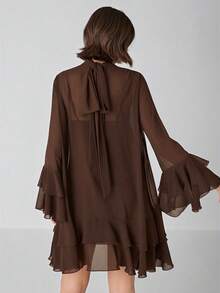 Enchnt Women's Solid Color Stand Collar Flare Sleeve Layered Ruffle Hem Fashion Dress - Coffee Brown - View 3