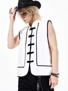 ROMWE MEN Street Life Men's Frog Button Lace Patchwork Contrast Color Fashion Denim Vest - Black and White - View 1