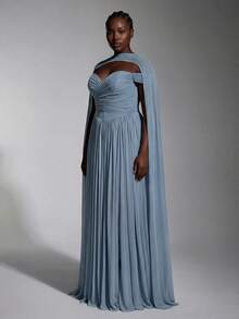 Elitara Plus Size Fashion Elegant Dusty Blue Strapless Pleated A-Line Dress With Detachable Long Shawl For Bridesmaid Party Evening Formal Wedding Winter - Baby Blue - View 6