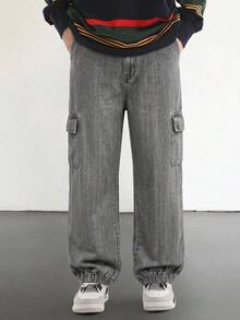 SHEIN Teen Boys Y2K Loose Streetwear Fashion Light Gray Cargo Pocket Straight Leg Cuffed Soft Denim Jeans, Casual School Spring Autumn Back To School - Grey - View 11