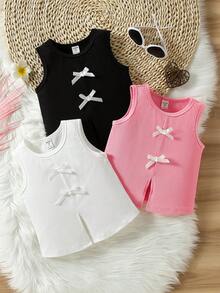 SHEIN Genkimix Kids 少女蝴蝶結裝飾開衩下擺背心上衣 - 彩色 - 查看 4