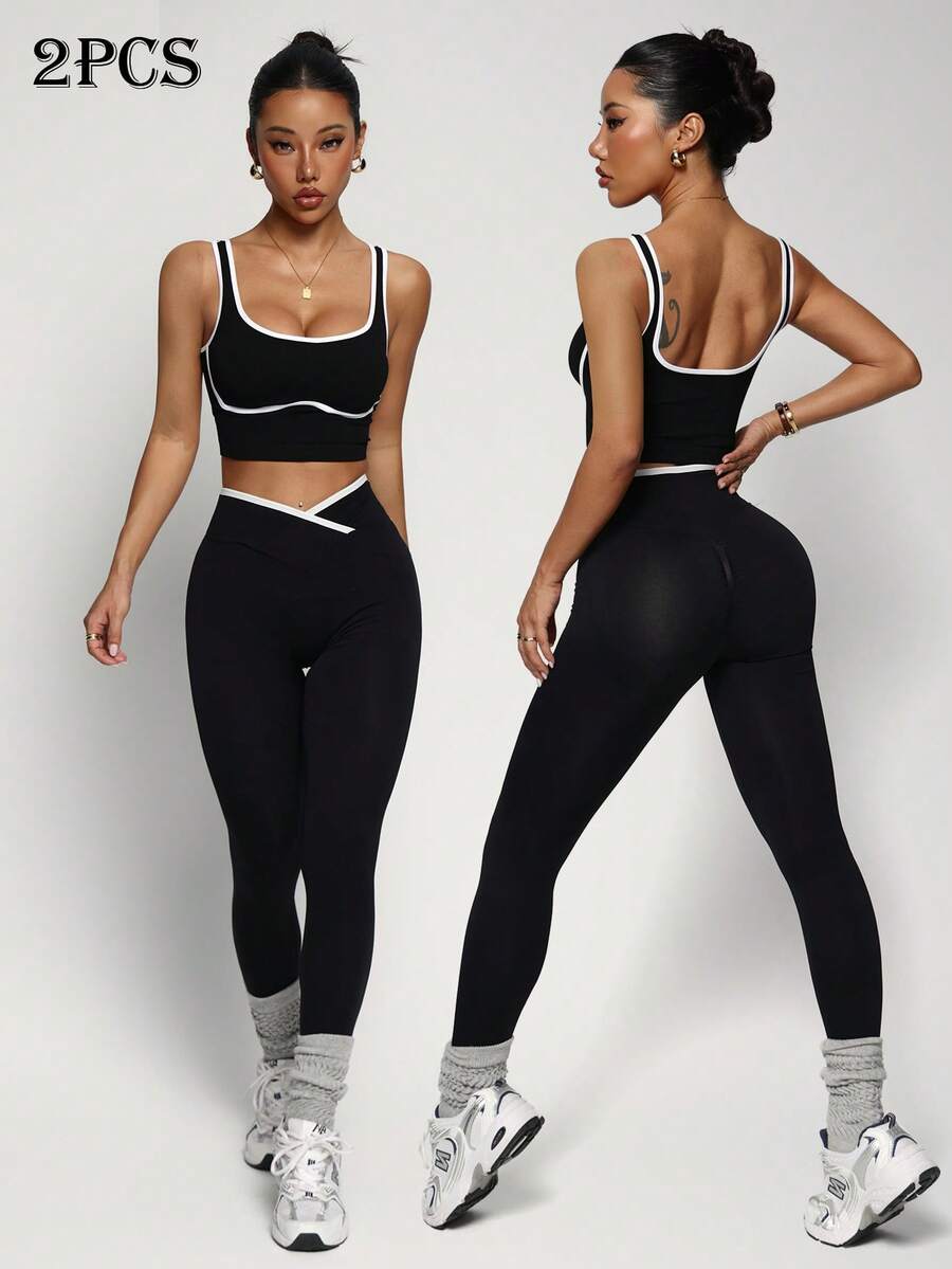 SHEIN Dewbera Women's Seamless Colorblock Yoga Sports Set - Black - View 1