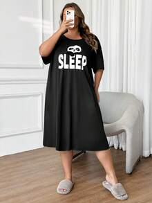 SHEIN CURVE+ Plus Size Women Round Neck Letter & Panda Print Casual Party Dress - Black - View 8