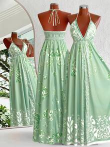 Sweetra Bohemian Style Printed Beach Slip Dress - Mint Green - View 2