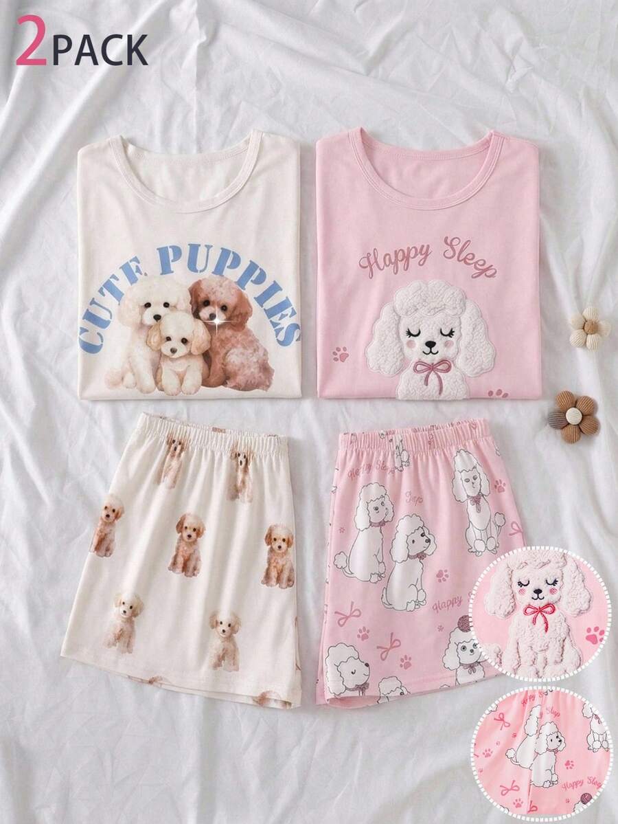 Casual Pullover Children's 10 Years Old Tween Girls Apricot Base Color Cute Puppy Print Pattern Short Sleeve Shorts Home Wear Summer Set - Pink - View 1