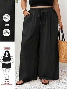 SHEIN CURVE+ 女款大尺碼黑色 Sommar 休閒度假亞麻長褲，春夏極簡寬鬆波希米亞風，度假基本款，日常正式舒適鬆弛 - 黑色 - 查看 7