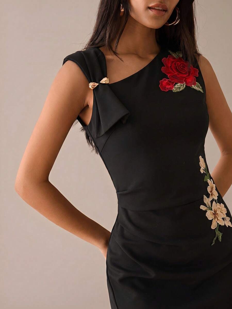 Lilora 女款優雅不對稱領口中長洋裝，高端時尚百搭優雅洋裝，適合通勤、日常休閒、外出、聚會、約會、派對、休閒、遠足、假期、度假、夏季、假日旅行 - 黑色 - 查看 1