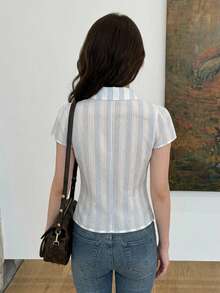 DAZY Solid Color Turn-Down Collar Slim Fit Short Sleeve White Women's Shirt - Blue - View 2