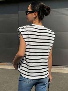 Livesso Striped Round Neck Sleeveless Padded Shoulder Women's T-Shirt - Black - View 2