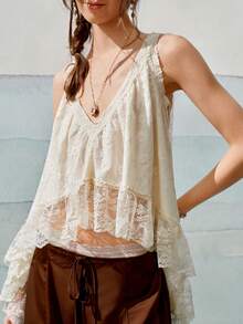 SoleilVie Women's V-Neck Front Short Back Long Sleeveless Lace Apricot Summer Top, Suitable For Daily Outings, Elegant And Romantic - Apricot - View 2