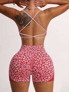 Easithlete Easithlete 1pc Women's Criss-Cross Twist Spaghetti Strap Leopard Print Bra & Shorts Workout Yoga Sports Set - Red - View 3