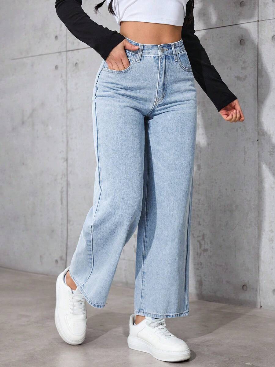 SHEIN PETITE 女款高腰口袋寬腿寬鬆休閒百搭牛仔褲 - 淺色水洗藍 - 查看 1