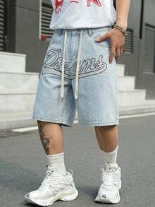 Manfinity EMRG Men's Street Style Casual Embroidered Blue Denim Shorts - Light Wash - View 8