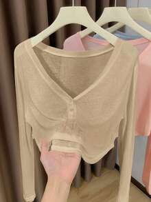Resyla Soft Skin Cooling V-Neck Half-Button Short T-Shirt - Khaki - View 3