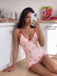 ZzzCrew Hot Girl Pink V-Neck Spaghetti Strap Fitted Cherry Print Pajama Jumpsuit - Baby Pink - View 1