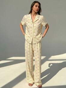 Aloruh Conjunto de camisa con estampado de rayas rosas y pantalones largos, versátil para el hogar y salidas - Amarillo claro - Ver 4