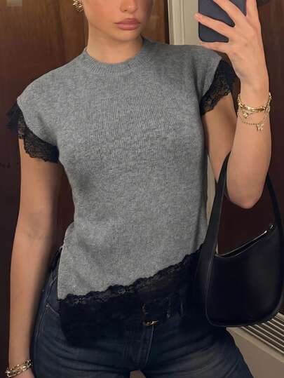 Lumalex Summer Exquisite Lace Patchwork Mock Neck Waist-Defining Short Sleeve Asymmetrical Hem Women's Sweater Beach-To-Gala Versatility Quiet Luxury Meets