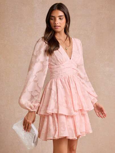  Enchnt Summer Romantic Women's Pink V-Neck Jacquard Waist Ruched Elegant Short Dress,Prom Dress,Festa Junina Dress,Sea,Beach Dress,Birthday Dress For Women,Holiday Dresses,Ceremony Dress,Work Dress,Women's Formal Wear,Fringe Dress,Party Dress,Vacation Outfits Women,Summer Outfits For Women,Chic