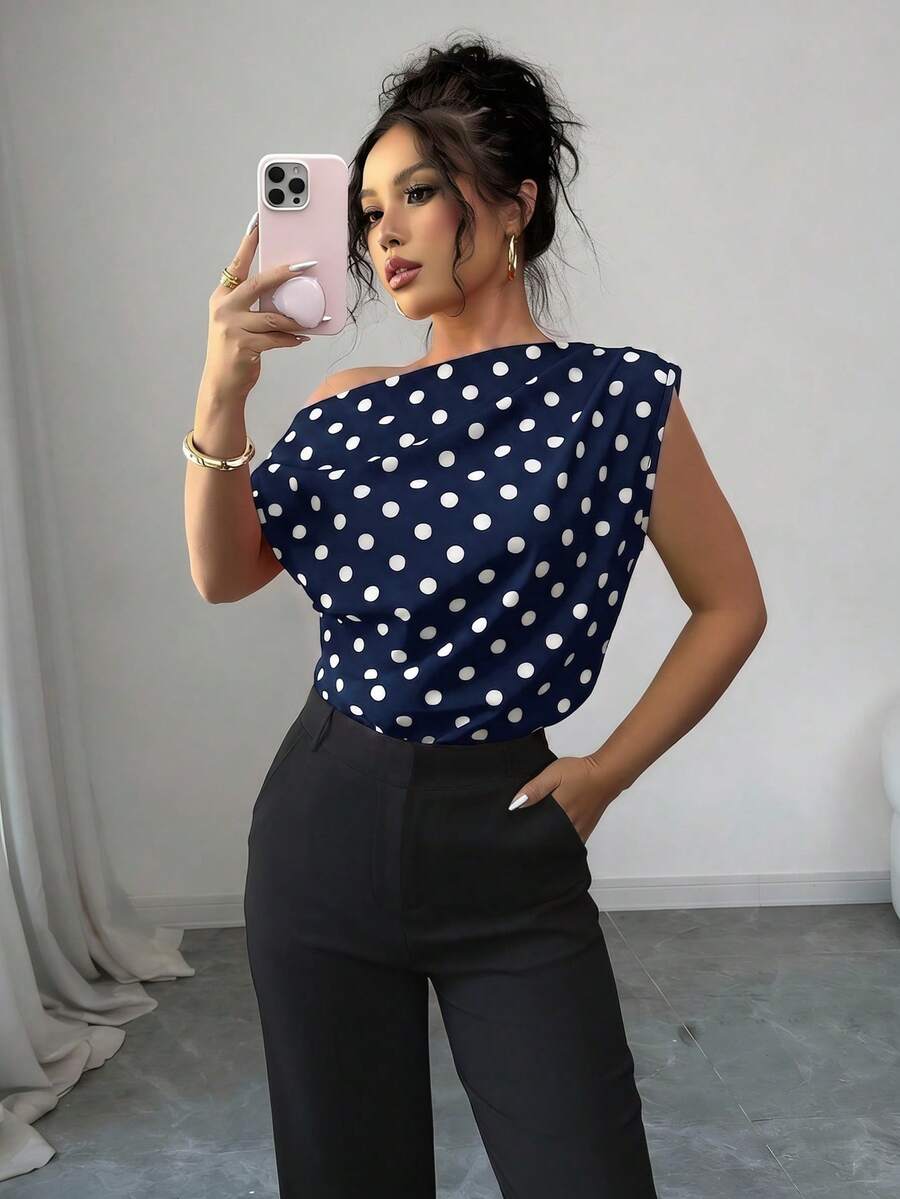 SHEIN Elenzya 女款優雅波點無袖上衣,露肩領垂墜休閒通勤上班上衣,時尚寬鬆版型正式辦公襯衫 - 藏蓝色 - 查看 1